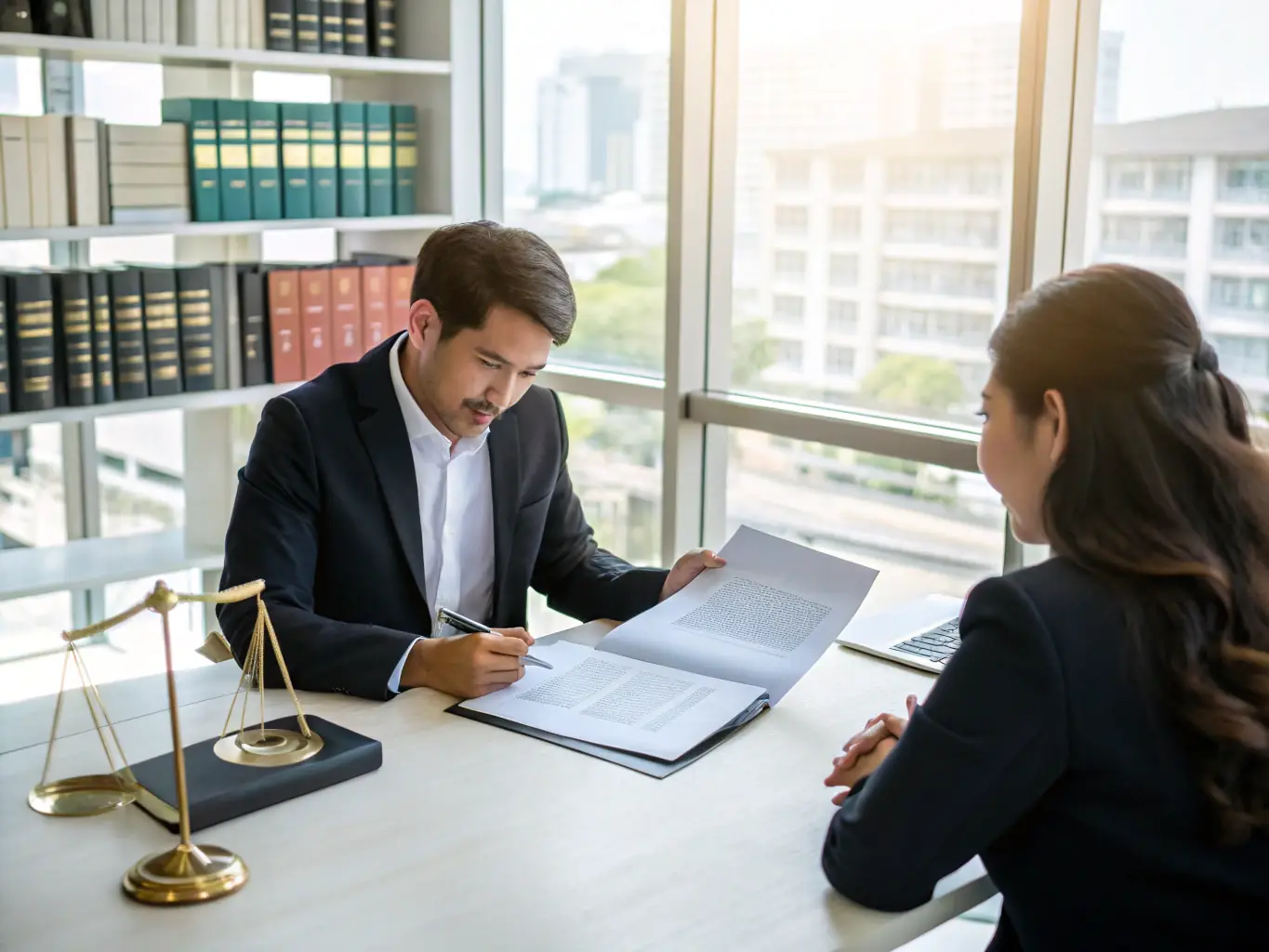 A lawyer reviewing legal documents with a client in a bright, modern office, symbolizing trust and professional legal advice.