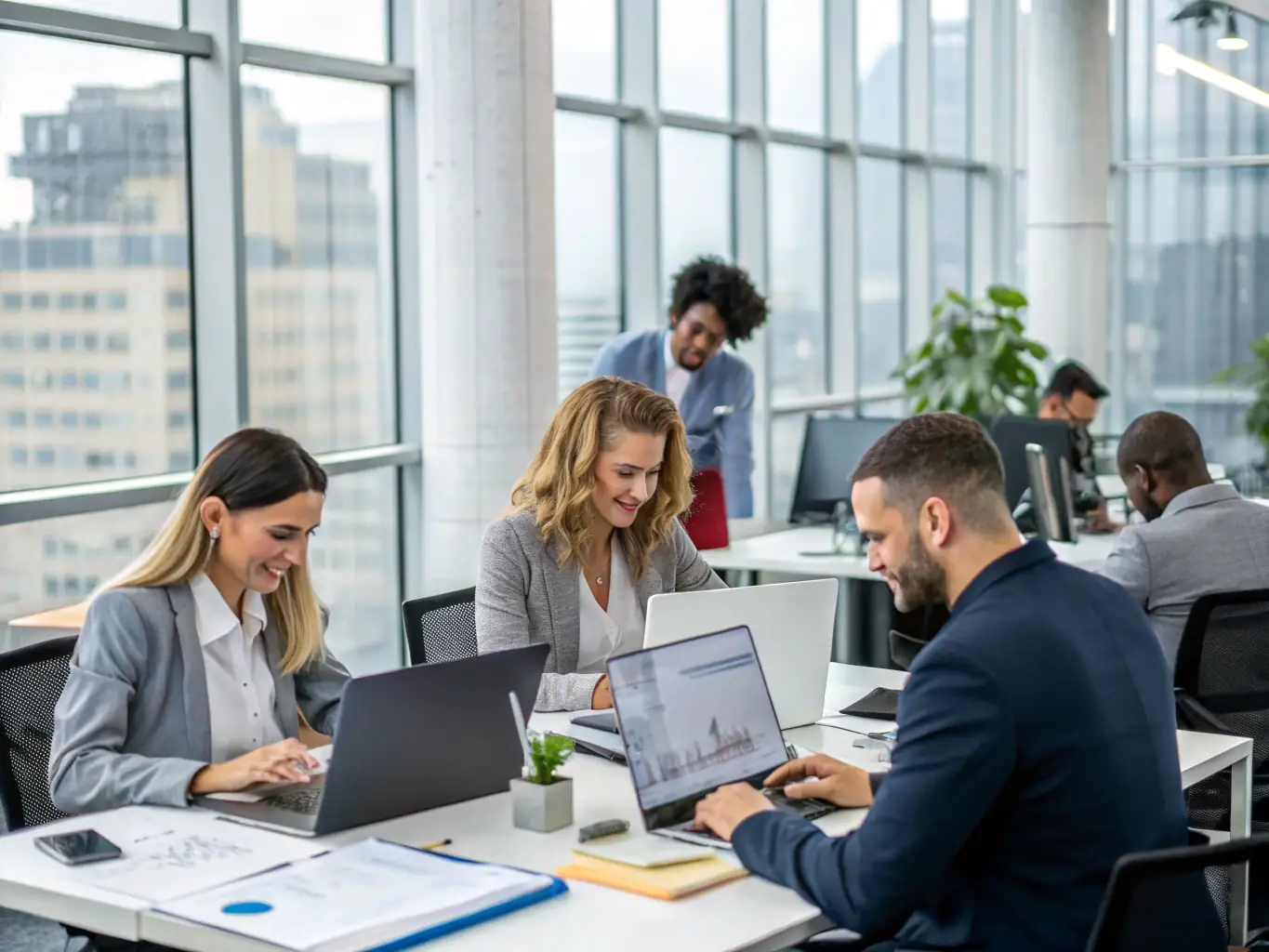 A modern office interior with a diverse team working on laptops, representing international banking and financial services.