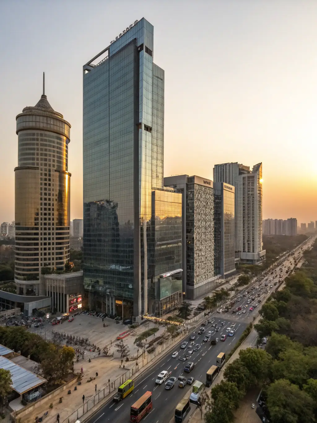 A professional photo of the Jakarta skyline at sunset, showcasing modern office buildings and bustling streets, symbolizing business opportunities in Indonesia.
