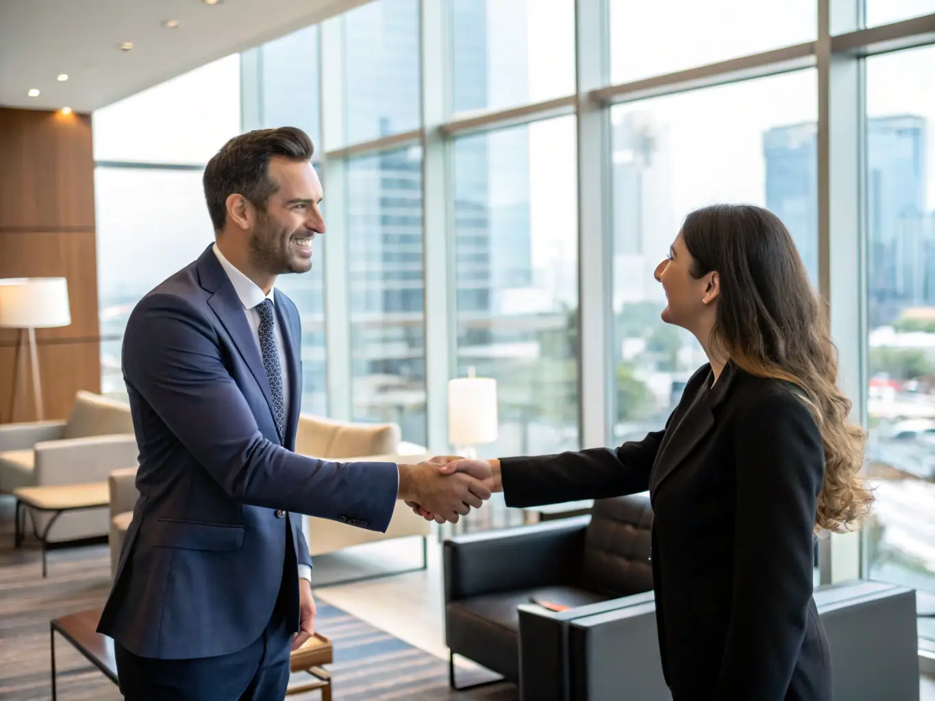 A professional businessman in a suit shaking hands with a local partner in Jakarta, Indonesia, symbolizing successful business registration in Indonesia.