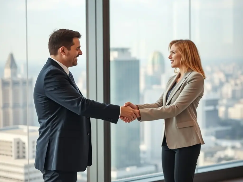 A professional businessman in a suit confidently shaking hands with a local partner in Jakarta, Indonesia, symbolizing successful company registration.