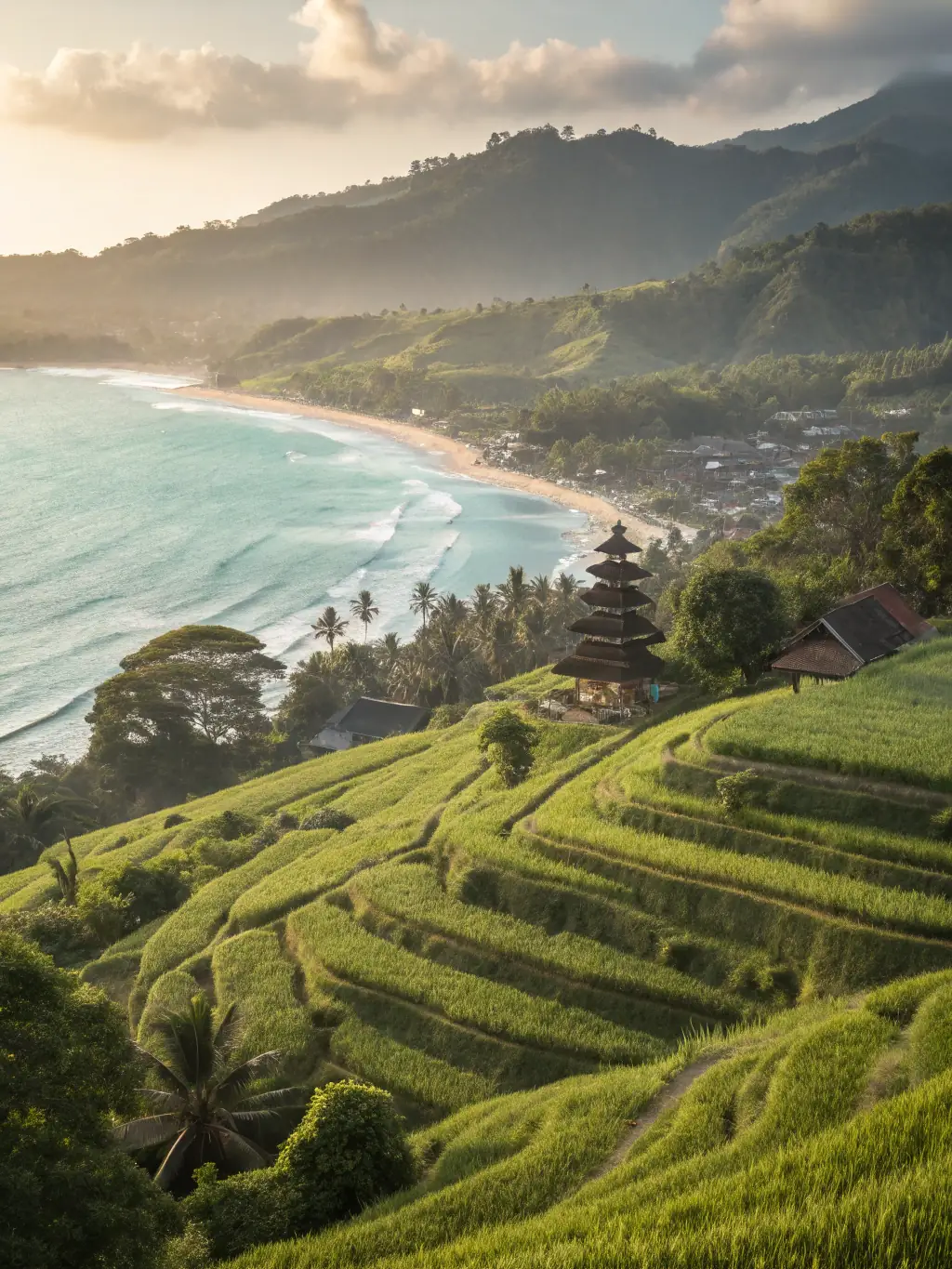 A vibrant photo of Bali, Indonesia, showcasing rice terraces and traditional Balinese architecture, representing Global Key's expertise in Indonesian company formation.
