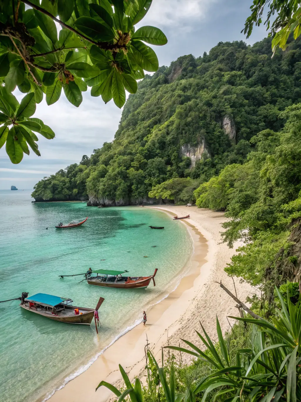 A serene image of a Thai beach with longtail boats, symbolizing the ease of doing business in Thailand with Global Key's assistance.