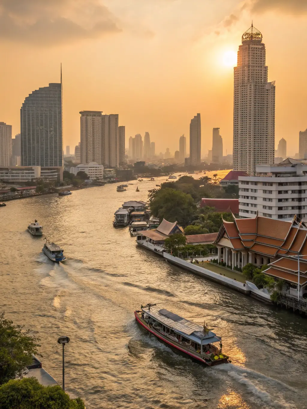 A serene image of a traditional Thai longtail boat on the Chao Phraya River, with modern skyscrapers in the background, representing the blend of tradition and progress in Thailand.